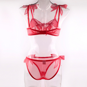 Soild donne esotiche reggiseno e mutandine set ragazza natale san valentino <span class=keywords><strong>Sexy</strong></span> <span class=keywords><strong>Sexy</strong></span> fiocco rosso fantasia giovane donna lusso maglia Lingerie di pizzo - Product Image 4