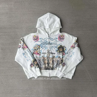 Proveedor de sudaderas con capucha de alta calidad OEM para hombre, blancas, de algodón de 500 g/m², con cuello alto, logotipo gráfico, cremallera, estilo holgado, manga larga y diseño único.