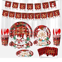 Ensemble de fournitures pour fête de Noël : bannières, assiettes en papier, gobelets, serviettes, couverts pour la décoration des fêtes