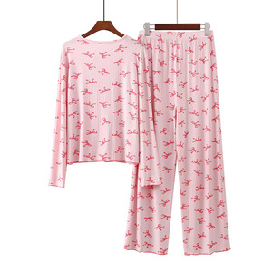 PJ-055 Conjunto de pantalones de manga larga de modal acanalado para mujer, cárdigan con cuello en V, ropa para el hogar, rosa, blanco - Product Image 4