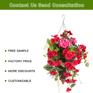 HL-57 Handmade Faked Red Floral <strong>Hanging</strong> <strong>Artificial</strong> Conical Rattan <strong>Flower</strong> <strong>Basket</strong> for Home Porch Balcony Decor - Product Image 3