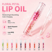Huile à lèvres hydratante à pétales de fleurs RTS 5ml, brillance transparente changeante de couleur, 10 styles, faible MOQ 2 pièces, vente en gros, logo personnalisé