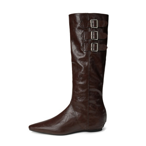 Knee-High Western Boots <b>Pointed</b> <b>Toe</b> <b>Flat</b> Heel 1cm Height Increasing Buckle Decor Solid Color Women's Fashion Boots - Product Image 5