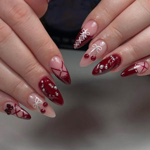 Uñas Postizas de Almendra con Borde Francés Corto, Estilo Nuevo, Hechas a Mano, Color Rojo Estrella, Envío Directo de Fábrica - Product Image 2