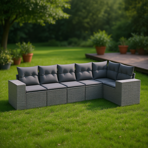 <b>Grey</b> Pe Rattan Garden Sofa Set 6 Seater Outdoor Furniture Contemporary Design Powder Coated Steel <b>Frame</b> - Product Image 2