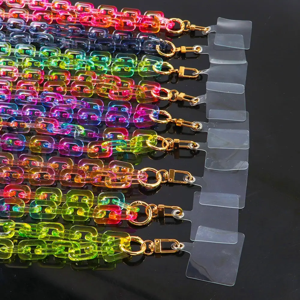 Vente en gros Nouveau collier mignon fluorescent arc-en-ciel de couleur mélangée transparent Long collier suspendu 80cm chaîne de téléphone portable en acrylique