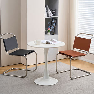 Chaise de salle à manger simple en cuir de selle moderne en acier inoxydable sans accoudoirs salon restaurant loisirs chaise de bureau en cuir en métal - Product Image 5