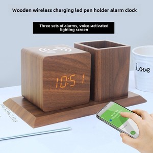 Multifunctional Wooden Pen Holder <strong>Alarm</strong> <strong>Clock</strong> Wireless Charging Simple LED Display Creative Digital Office Gift Electronic - Product Image 2