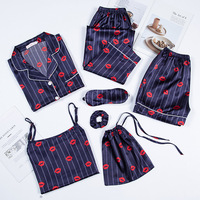Ensembles Personnalisés de Nuisettes en Soie Satinée 7 Pièces, Élégants Pyjamas Imprimés pour Femmes, Shorts, Robes de Nuit à Manches Longues, Ensembles de Soie Sexy