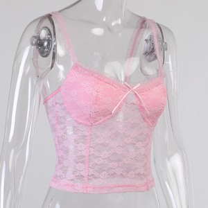 GIMILY Women Summer Sweet Girls Crop <span class=keywords><strong>Cami</strong></span> Top Casual Streetwear Sexy Basic canotta corsetto pizzo rosa vedi attraverso canotte - Product Image 5