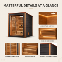 Sauna extérieur PLOUTARA pour 2 personnes, revêtement en bois noir, cadre en bois, porte en verre, toit plat, OEM pour villa, jardin, resort, spa