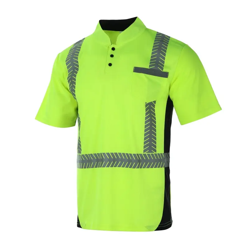 Fluorescent yellow breathable birdeye T collar with smart snap botton reflective safety t shirt
