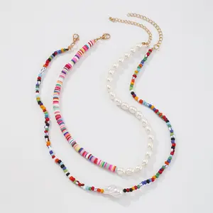 2pcs Colorful Rice Beads Seed Beads Necklace Set Multilayer Polymer Clay Beads Imitation Pearl Necklace Set