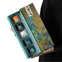 Juego de Tazas de Té de Cerámica China con Elementos Retro, Cinco Tazas, Juego de Té de Porcelana Kung Fu con Caja de Regalo de Lujo para Festivales y Regalos Empresariales