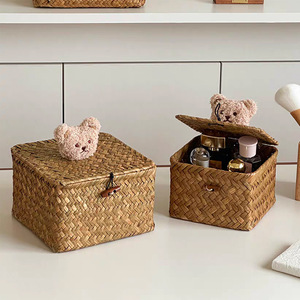 Japanese Style Rattan Woven Storage <b>Basket</b> With Lid Rectangle Eco Friendly Desktop Organizer For Cosmetics And Miscellaneous - Product Image 4