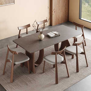 Ceviz Rengi Vintage Tarzı Modern Sade İskandinav Minimalist Fransız Retro Masif Ahşap Kayrak Üstlü Dikdörtgen Yemek Masası - Product Image 2