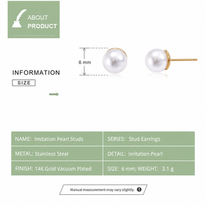 Boucles d'oreilles clous imitation perle en acier inoxydable plaqué or 14 carats sous vide, rondes 6 mm, bijoux classiques - Product Image 3