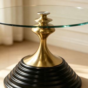Mesa de Centro de Vidrio Templado Redonda de Lujo con Pedestal de Metal Dorado y Base Negra en Capas para Sala de Estar, Hogar, Sofá, Hotel y Vestíbulo - Product Image 3