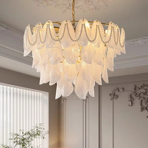 Pháp kem phong cách có thể điều chỉnh chiều cao LED nhà hàng Đèn sang trọng lãng mạn phòng khách ánh sáng mặt dây chuyền ngọc trai đồng đèn chùm - Product Image 1