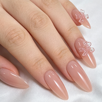 Vente en gros de faux ongles personnalisés à étiquette privée, forme amande, couleur nude rose, nœud 3D, finition brillante