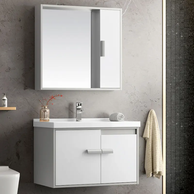 Lavabo mural en céramique blanc, bricolage, 2 tiroirs, armoires de salle de bains avec miroir, peinture blanche