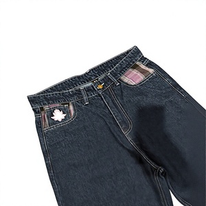 Pantalones de mezclilla 100% algodón personalizados al por mayor, transpirables, estilo Oxford, rectos, holgados, estilo urbano, con parche bordado y cintura elástica - Product Image 4
