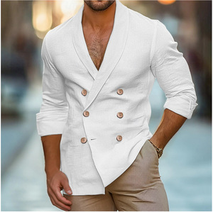 Nouvelle <span class=keywords><strong>chemise</strong></span> à manches longues et double boutonnage de couleur unie pour hommes, haut à <span class=keywords><strong>col</strong></span> châle à la mode - Product Image 2