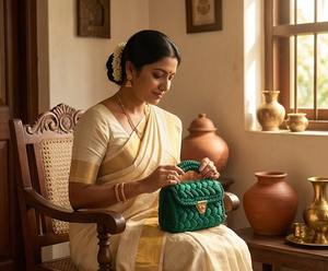 Bolso de Mano Verde Esmeralda Hecho a Mano, Bolso de Hombro Boho de Lujo Étnico y Elegante con Dos Correas de Perlas, Tejido de Cordón de Algodón, Súper Precio - Product Image 5