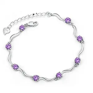 China Factory Bamboo 100% Sterling Silver 925 Stone Cubic Zirconia Amethyst Silver Chain Link Bracelets and Bangle for Girls