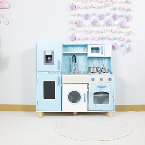 Grande cuisine de jeu en bois bleue pour enfants avec réfrigérateur vintage, micro-ondes, cuisinière et évier, ensemble de cuisine d'imitation haut de gamme - Product Image 2
