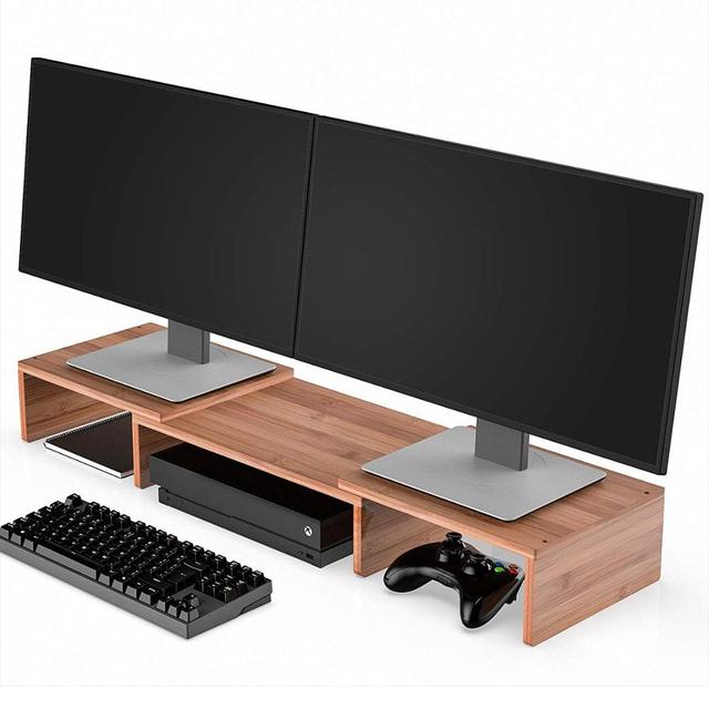 Bamboo Monitor Stand Riser 3 Shelf for Dual Triple Screens TV Personal Computer Printer Desktop Stand