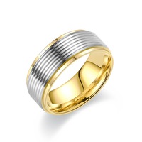 Anillo de Acero Inoxidable de Dos Tonos con Ranuras, Acabado Texturizado Dorado y Plateado para Bodas Masculinas y Joyería de Promesa para Parejas