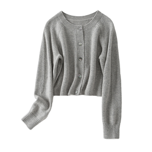 Cárdigan Corto de Punto para Mujer, Cuello Redondo, Manga Larga, Color Sólido, Botones al Frente, Estilo Minimalista, Ropa de Otoño, 100% Acrílico - Product Image 1