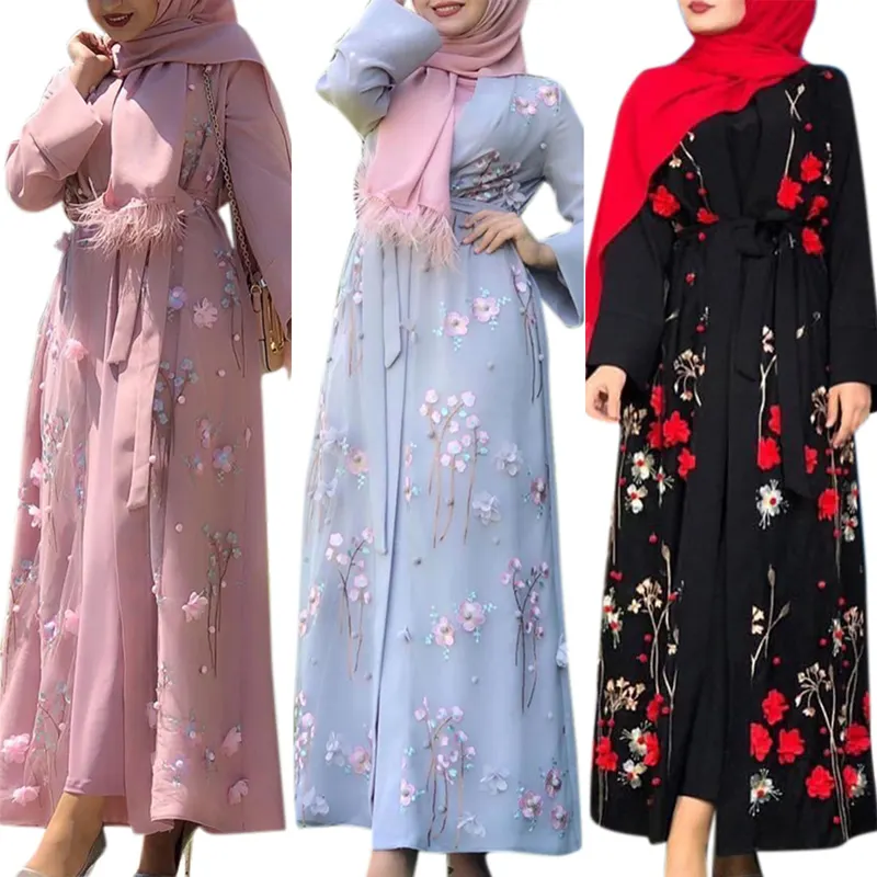 Vêtements Musulmans Mode 3D Broderie Florale Cardigan Islamique Femmes Longues Robes Maxi