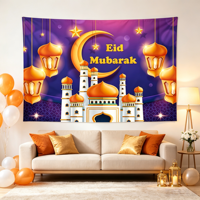 Bannière dorée Eid Mubarak, toile de fond, lanternes, fleurs, lune, Umrah, Ramadan Kareem, tapisserie pour décoration musulmane