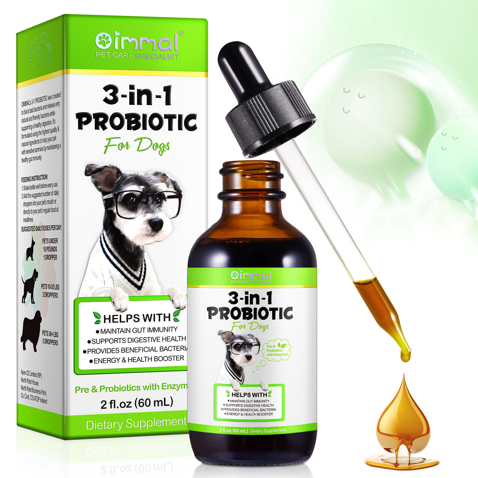 Oimmal Natural 3 In 1 probiotik Drops untuk anjing menjaga masuknya usus mendukung kesehatan pencernaan probiotik cairan suplemen