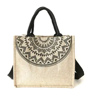 Retro Large Capacity Summer Beach Burlap Jute Straw Women's Shoulder Crossbody Tote Bags With Custom Ethnic Printed Logo Handbag