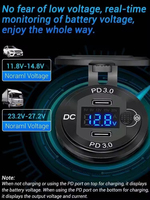 Pengisi Daya Ponsel 12/24V 36W Pengisian Cepat Dual Type C dengan Voltmeter Layar Ganda Lampu Warna-warni untuk Penggunaan RV, Mobil, Motor, Kapal, Berbahan Aluminium