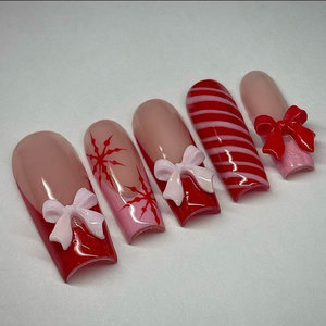 100% hecho a mano 10 Uds prensa de Navidad en <span class=keywords><strong>uñas</strong></span> cuadradas <span class=keywords><strong>cortas</strong></span> con diseños de dulces Navidad rojo brillo <span class=keywords><strong>uñas</strong></span> cubierta completa palo en las <span class=keywords><strong>uñas</strong></span> - Product Image 5
