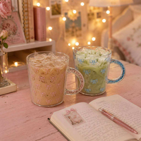 500ml schattige patroon glazen koffiemok van borosilicaatglas met glitterhandvat, Ins-stijl, hittebestendig glazen beker voor latte en ijskoffie