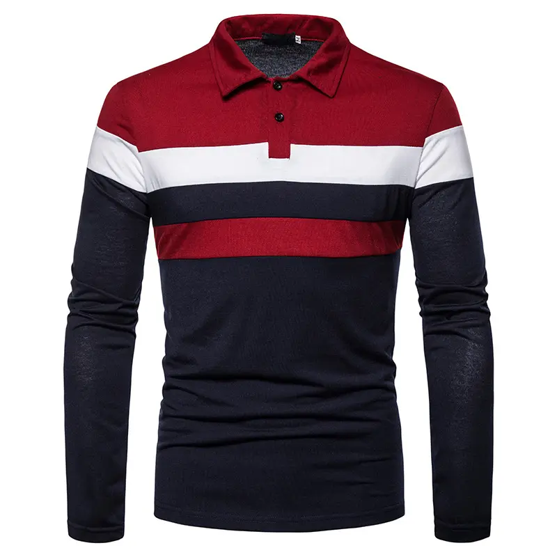 Men European size long Sleeve Polo Chest Three Stripe Color Matching lapel Fashion Polo t Shirt