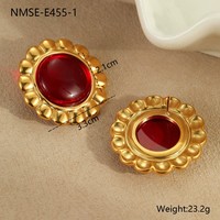Ensemble de bijoux classiques en acier inoxydable or 18 carats, agate rouge noire vintage, contour de fleur, grosses boucles d'oreilles et bague
