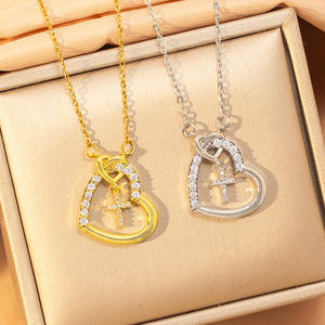 Collar de Acero Inoxidable de Moda con Microincrustaciones de Circonita, Collar con Colgante de Cruz y Corazón para Parejas, Mujeres, Mamá e Hija - Product Image 1