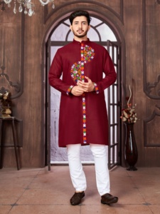 Pyjama Kurta en coton exclusif Navratri pour hommes de haute qualité avec pyjama Kurta musulman Gamthi Work pour l'exportation mondiale - Product Image 5