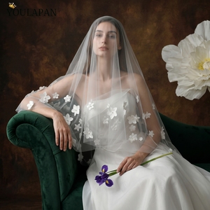 YouLaPan Velo de novia corto de una sola capa con flores 3D y perlas, sin peine, de tul suave, accesorios de boda, cubrecara para mujer <span class=keywords><strong>M153</strong></span> - Product Image 2