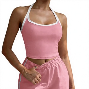 Women 2-Piece Sleeveless Halter Crop Top Shorts Set Striped Breathable Sporty Regular Fit Knitted Fabric Spring Summer Wear - Product Image 5