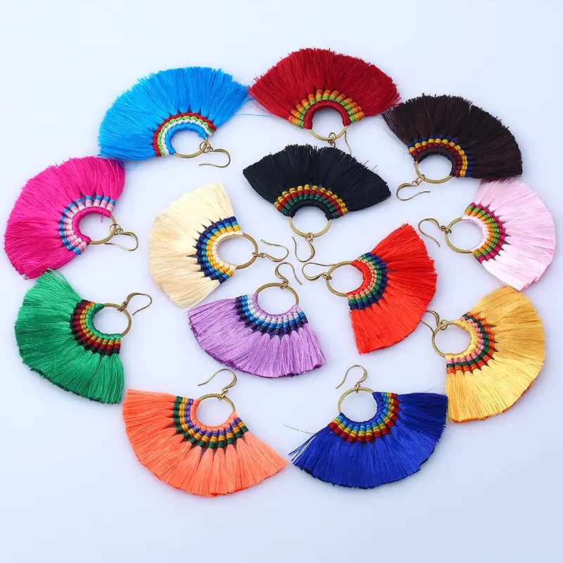 2022 Fashion Handmade Brass Hoop Earring For Women Ethnic Large Fan-shaped Tassel Earrings Bohemian Jewelry