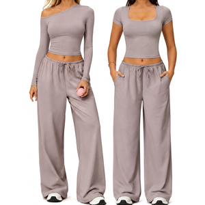 <b>Red</b> 2 Piece Yoga Set Asymmetric Off Shoulder <b>Crop</b> <b>Top</b> High Waist Wide Leg Pants With Pockets Breathable Spandex Cotton Material - Product Image 5