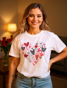 T-shirt con stampa di cuori di San Valentino da donna, in puro cotone, manica corta, girocollo, vestibilità ampia, casual, primavera estate - Product Image 2