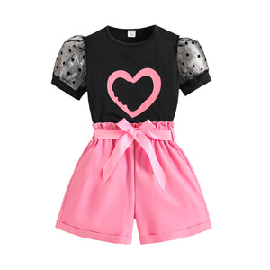 2024 grands enfants vêtements été mode enfants vêtements coeur imprimé T-shirt haut Shorts deux pièces filles tenues pour adolescent - Product Image 3